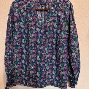 Talbots Blue Relaxed Blouse with Mandarin Collar and Cuffed Sleeves